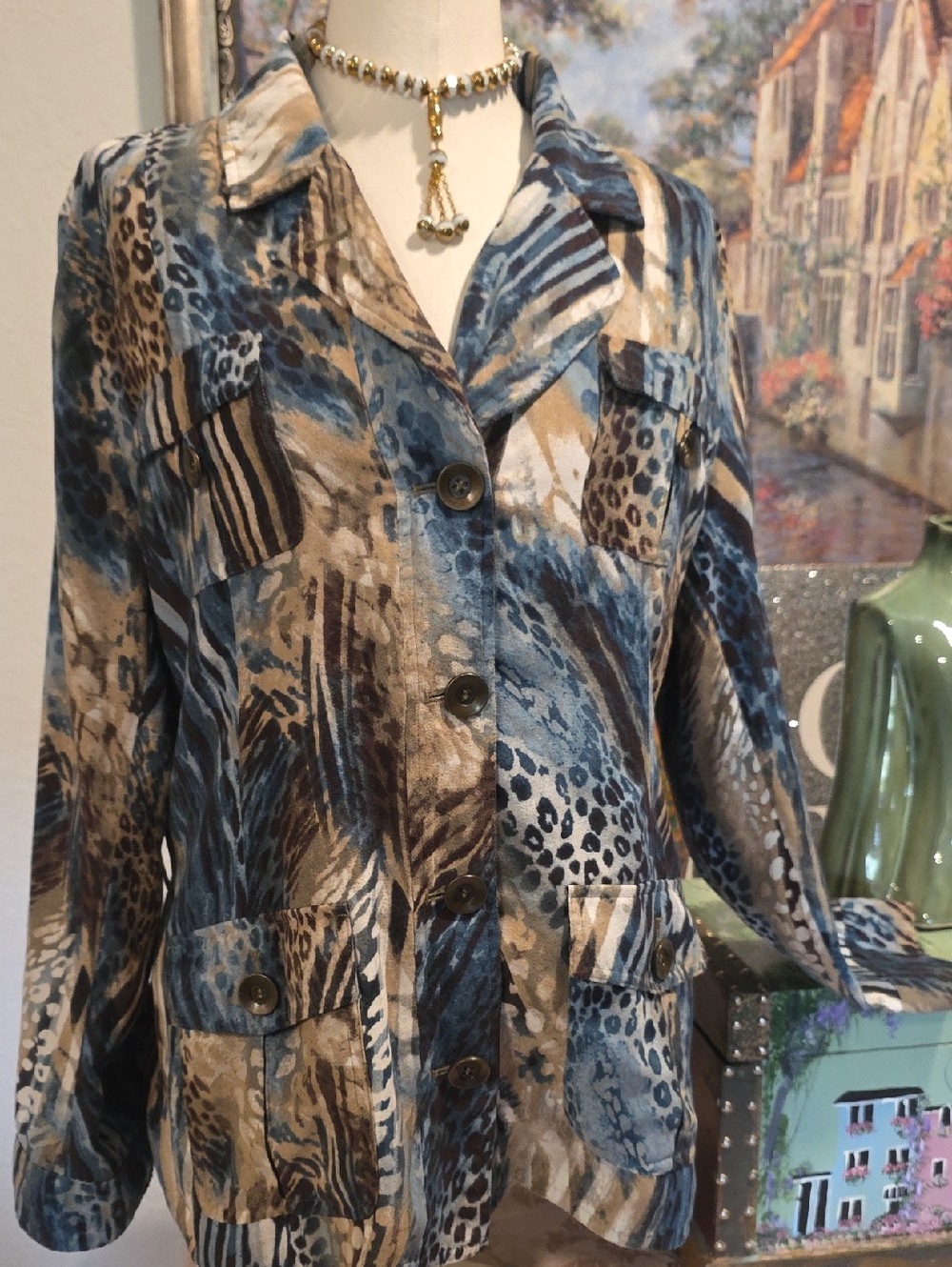 Women's Blue & Tan Printed Jfaux Suede Jacket